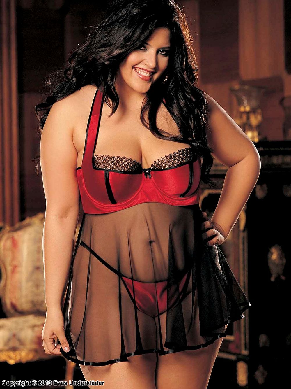 Babydoll in stretch satin and mesh, plus size